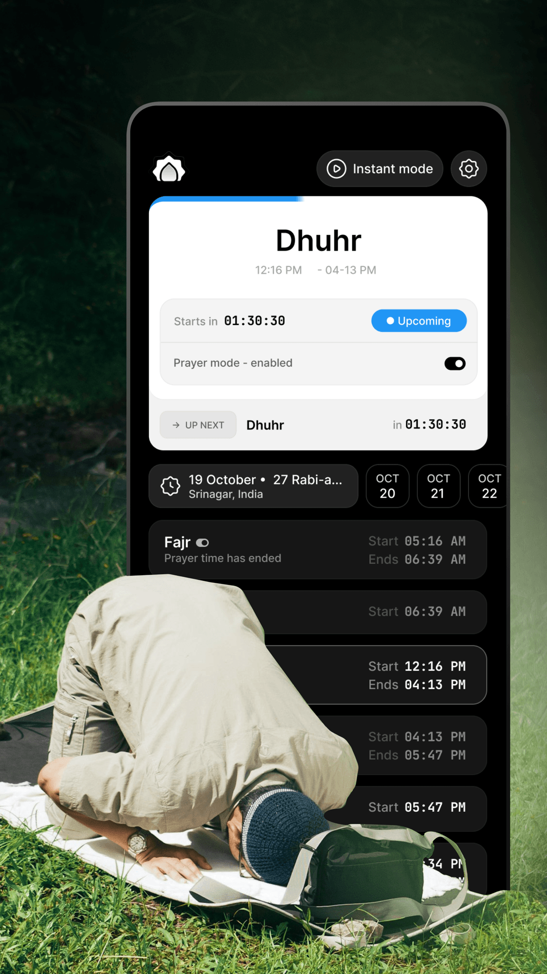 Stay focused in prayer: home screen with the next prayer and countdown