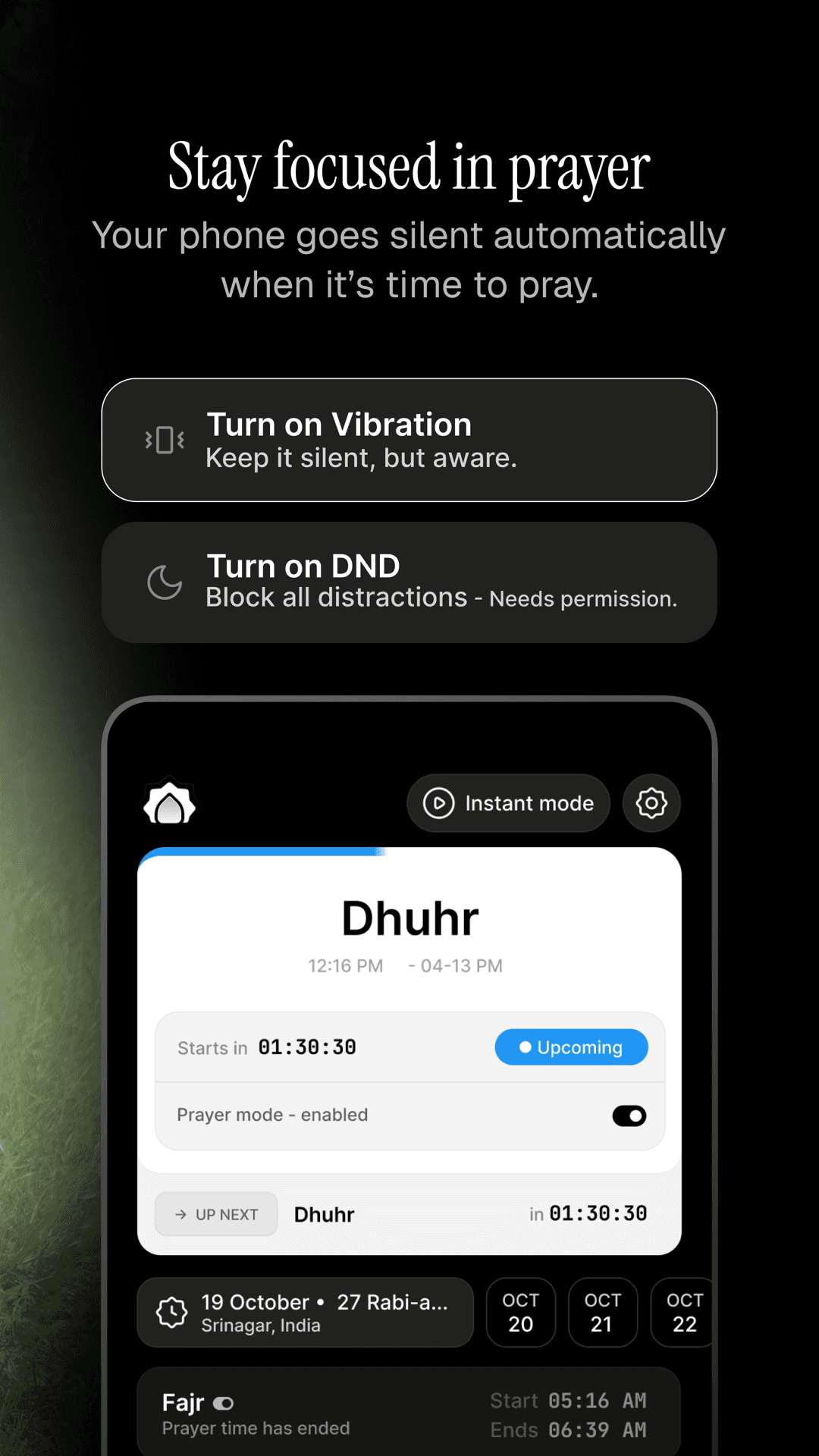 Choose vibration or full Do Not Disturb for each prayer