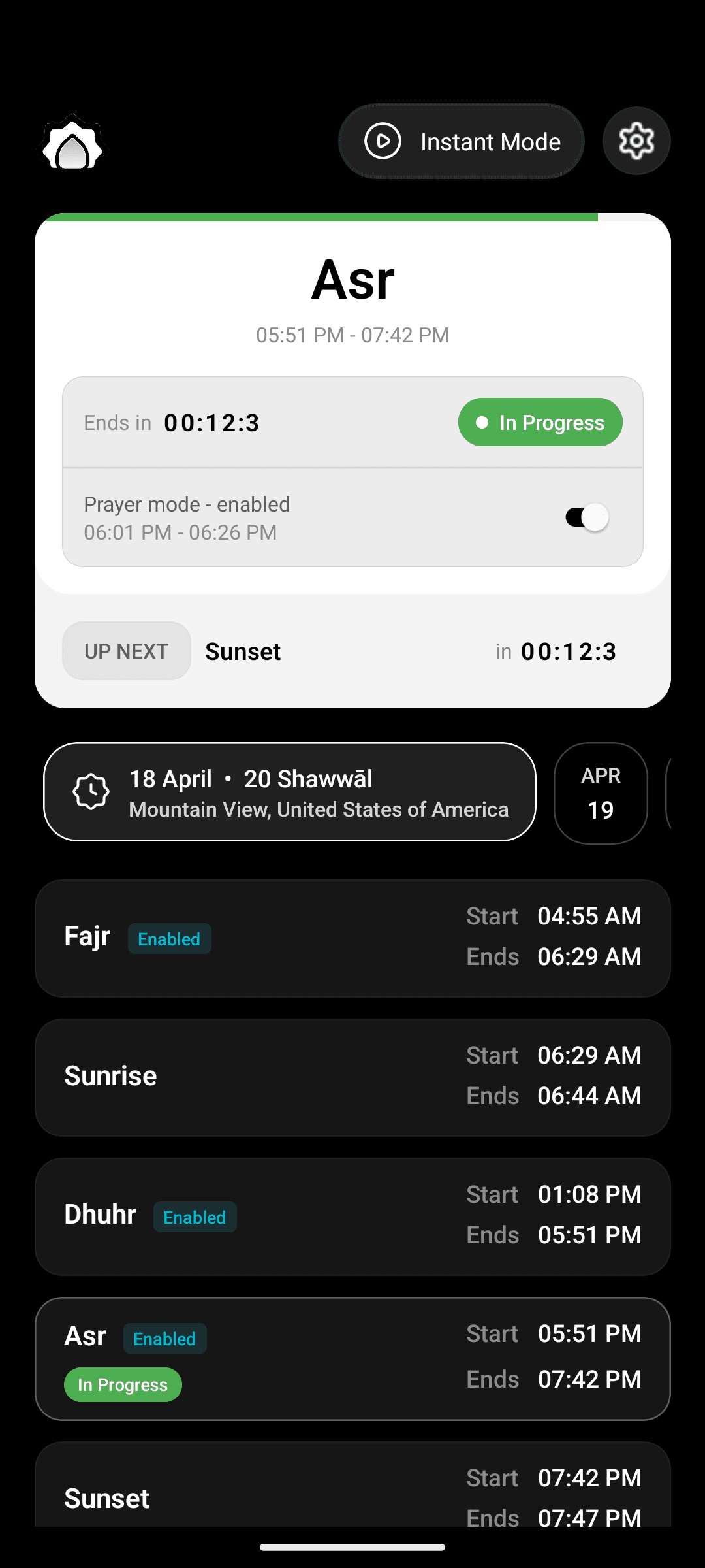 Prayer Mode home screen showing Asr in progress with Prayer mode enabled